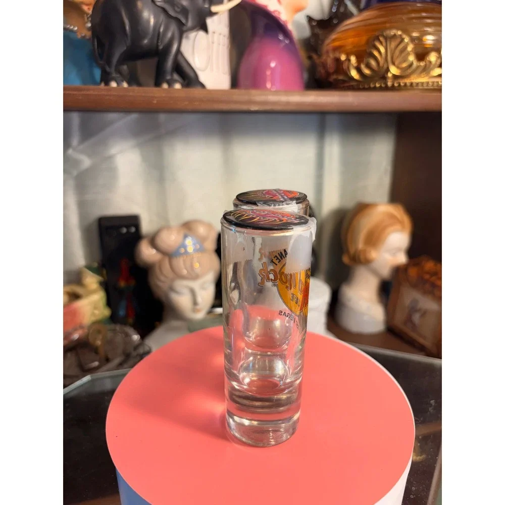 Hard Rock Cafe Las Vegas Save The Planet Shot Glass Pair with Pin Backs Clear
